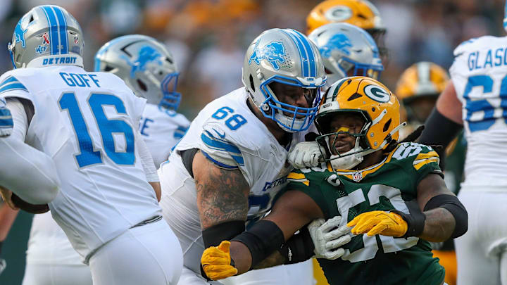 Green Bay Packers defensive end Rashan Gary (52) rushes Detroit Lions quarterback Jared Goff (16) on Sunday, September 7, 2025, at Lambeau Field in Green Bay, Wis. The Packers won the game, 27-13.
Tork Mason/USA TODAY NETWORK-Wisconsin