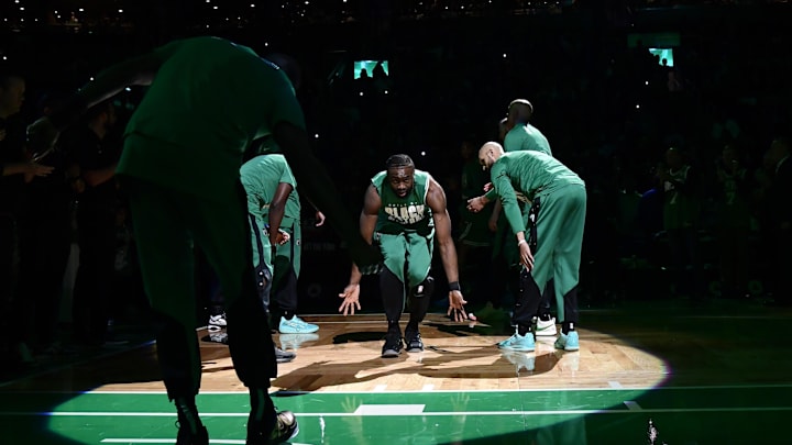 Feb 23, 2025; Boston, Massachusetts, USA;  Boston Celtics guard Jaylen Brown (7) is introduced to the crowd prior to a game against the New York Knicks at TD Garden. Mandatory Credit: Bob DeChiara-Imagn Images