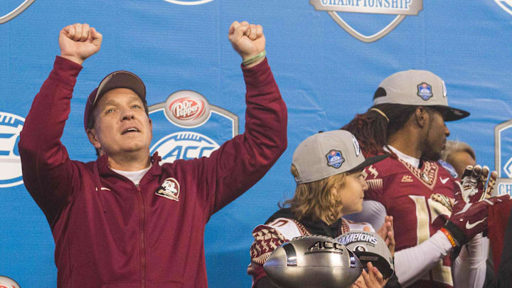 Dec 6, 2014; Charlotte, NC, USA; Florida State Seminoles head coach Jimbo Fisher celebrates after defeating the Georgia Tech Yellow Jackets in the ACC Championship game at Bank of America Stadium. FSU defeated Georgia Tech 37-35. Mandatory Credit: Jeremy Brevard-Imagn Images