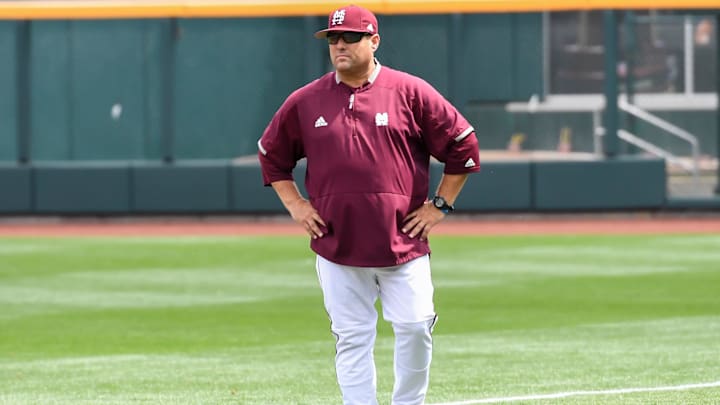 Jun 14, 2019; Omaha, NE, USA; Mississippi State Bulldogs head coach Chris Lemonis watches his team during practice day before the start of the College World Series at TD Ameritrade Park Omaha. Mandatory Credit: Steven Branscombe-USA TODAY Sports