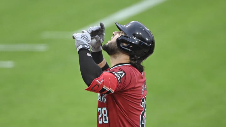 Arizona Diamondbacks third baseman Eugenio Suarez (28) points skyward after hitting a solo home run during the second inning against the San Diego Padres at Petco Park.