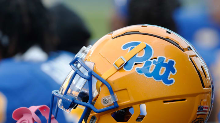 Sep 2, 2023; Pittsburgh, Pennsylvania, USA;  A Pittsburgh Panthers helmet on the sidelines against the Wofford Terriers during the fourth quarter at Acrisure Stadium. Mandatory Credit: Charles LeClaire-Imagn Images