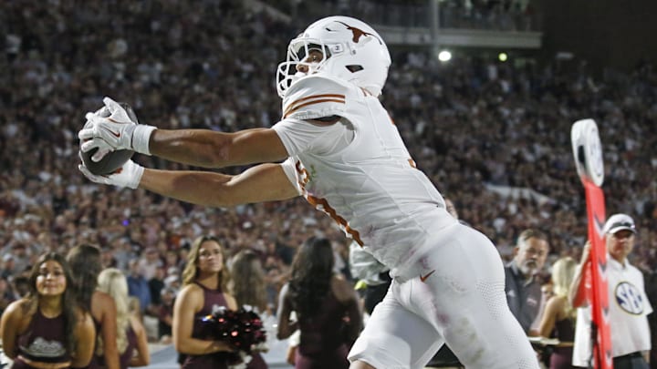 Texas Longhorns wide receiver Emmett Mosley V (3) catches the ball for a game winning touchdown in overtime against the Mississippi State Bulldogs at Davis Wade Stadium at Scott Field.
