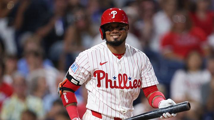 Aug 4, 2026; Philadelphia, Pennsylvania, USA; Philadelphia Phillies second baseman Luis Arraez (4) bats during the seventh inning against the Washington Nationals at Citizens Bank Park. Mandatory Credit: Bill Streicher-Imagn Images