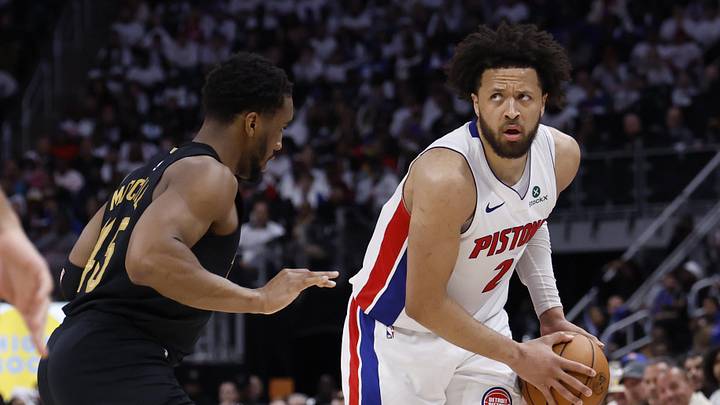 May 5, 2026; Detroit, Michigan, USA; Detroit Pistons guard Cade Cunningham (2) is defended by Cleveland Cavaliers guard Donovan Mitchell (45) in the second half during game one of the second round of the 2026 NBA Playoffs at Little Caesars Arena. Mandatory Credit: Rick Osentoski-Imagn Images