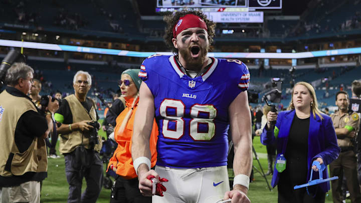 Jan 7, 2024; Miami Gardens, Florida, USA; Buffalo Bills tight end Dawson Knox (88) reacts after the game against the Miami Dolphins at Hard Rock Stadium. Mandatory Credit: Sam Navarro-Imagn Images