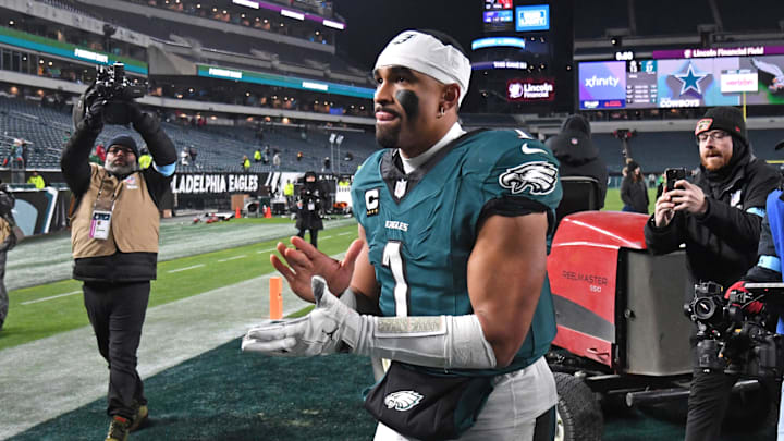 Dec 15, 2024; Philadelphia, Pennsylvania, USA; Philadelphia Eagles quarterback Jalen Hurts (1) runs off the field after win against the Pittsburgh Steelers Lincoln Financial Field. Mandatory Credit: Eric Hartline-Imagn Images Dec 15, 2024; Philadelphia, Pennsylvania, USA; Philadelphia Eagles quarterback Jalen Hurts (1) runs off the field after win against the Pittsburgh Steelers Lincoln Financial Field. Mandatory Credit: Eric Hartline-Imagn Images