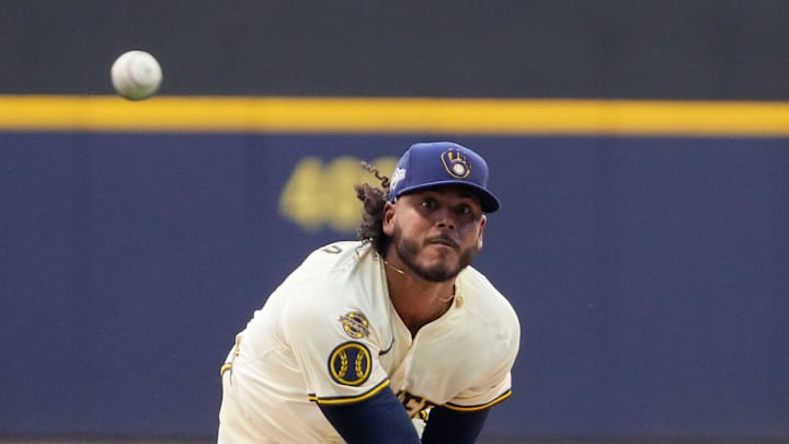Milwaukee Brewers pitcher Freddy Peralta (51) pitches during the first inning of the National League Division Series game against the Chicago Cubs on Saturday October 4, 2025 at American Family Field in Milwaukee, Wisconsin.