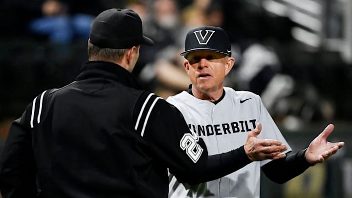 Vanderbilt head coach Tim Corbin argues with a umpire after a balk was called on pitcher Luke Guth in the sixth inning of an NCAA college baseball game at Hawkins Field Tuesday, Feb. 25, 2025, in Nashville, Tenn.