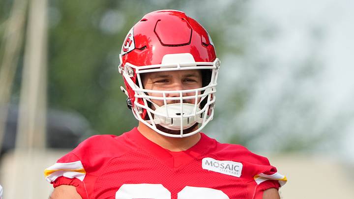 Jul 29, 2026; St. Joseph, MO, USA; Kansas City Chiefs guard Mike Caliendo (66) walks down the hill to the practice fields during training camp at Missouri Western State University. Mandatory Credit: Denny Medley-Imagn Images Jul 29, 2026; St. Joseph, MO, USA; Kansas City Chiefs guard Mike Caliendo (66) walks down the hill to the practice fields during training camp at Missouri Western State University. Mandatory Credit: Denny Medley-Imagn Images