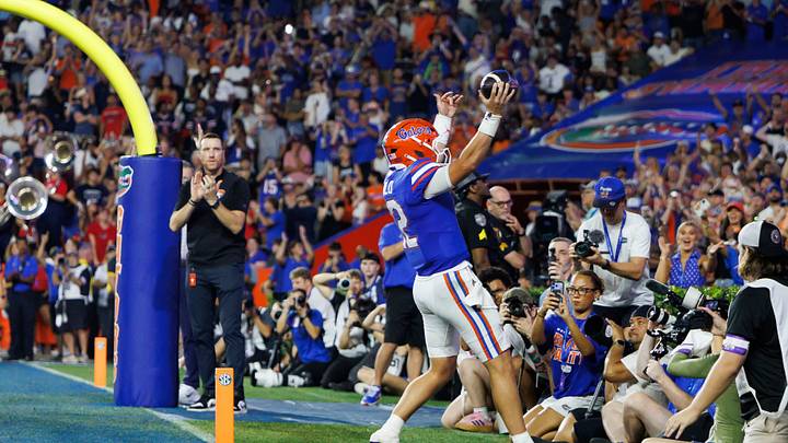 Sep 5, 2026; Gainesville, Florida, USA; Florida Gators quarterback Aaron Philo (12) celebrates after scoring a touchdown against the Florida Atlantic Owls during the first half at Ben Hill Griffin Stadium. Mandatory Credit: Matt Pendleton-Imagn Images Sep 5, 2026; Gainesville, Florida, USA; Florida Gators quarterback Aaron Philo (12) celebrates after scoring a touchdown against the Florida Atlantic Owls during the first half at Ben Hill Griffin Stadium. Mandatory Credit: Matt Pendleton-Imagn Images