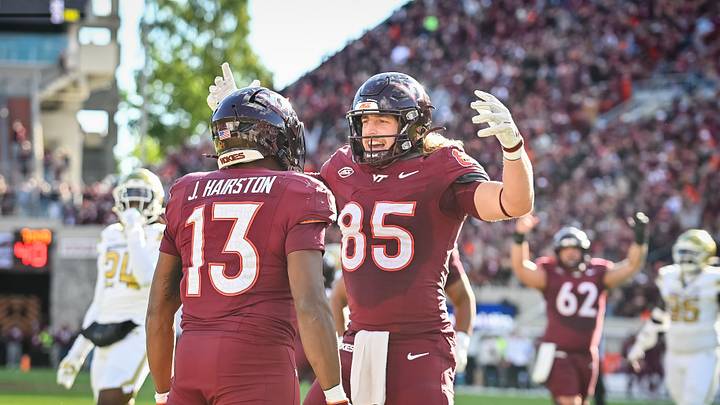 Oct 17, 2026; Blacksburg, Va.; Virginia Tech tight end Luke Reynolds (85) congratulates tight end Ja'ricous Hairston (13) on a touchdown during the second quarter. Oct 17, 2026; Blacksburg, Va.; Virginia Tech tight end Luke Reynolds (85) congratulates tight end Ja'ricous Hairston (13) on a touchdown during the second quarter.