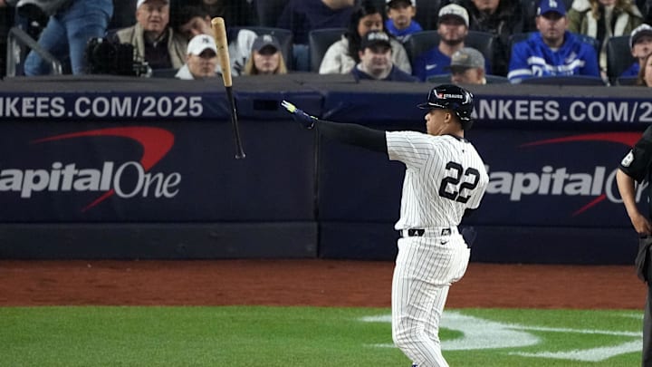 New York Yankees outfielder Juan Soto (22) reacts after a strike out against the Los Angeles Dodgers in the sixth inning during game four of the 2024 MLB World Series at Yankee Stadium in 2024.