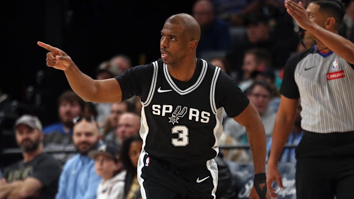 Mar 1, 2025; Memphis, Tennessee, USA; San Antonio Spurs guard Chris Paul (3) reacts after a basket during the second quarter against the Memphis Grizzlies at FedExForum. Mandatory Credit: Petre Thomas-Imagn Images