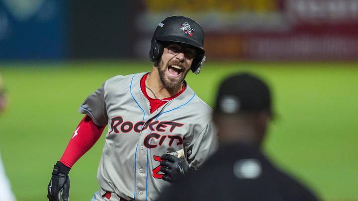 Trash Pandas catcher Jacob Cozart (28) smiles after hitting a home run during a Knoxville Smokies playoff game in the Southern League Divisional Series against Rocket City Trash Pandas at Covenant Health Park in Knoxville, Tenn., on Sept. 17, 2026. Trash Pandas catcher Jacob Cozart (28) smiles after hitting a home run during a Knoxville Smokies playoff game in the Southern League Divisional Series against Rocket City Trash Pandas at Covenant Health Park in Knoxville, Tenn., on Sept. 17, 2026.