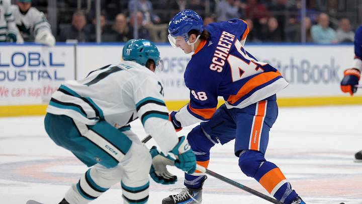 Oct 21, 2025; Elmont, New York, USA; New York Islanders defenseman Matthew Schaefer (48) skates with the puck against San Jose Sharks center Macklin Celebrini (71) during the second period at UBS Arena. Mandatory Credit: Brad Penner-Imagn Images Oct 21, 2025; Elmont, New York, USA; New York Islanders defenseman Matthew Schaefer (48) skates with the puck against San Jose Sharks center Macklin Celebrini (71) during the second period at UBS Arena. Mandatory Credit: Brad Penner-Imagn Images