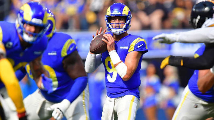 Oct 22, 2023; Inglewood, California, USA; Los Angeles Rams quarterback Matthew Stafford (9) drops