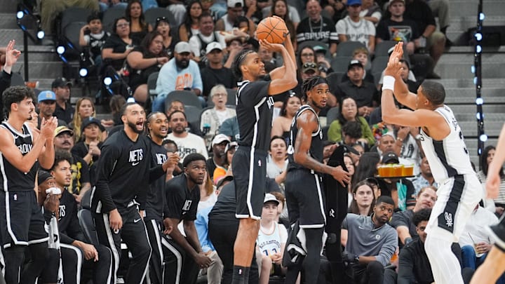Oct 26, 2025; San Antonio, Texas, USA; Brooklyn Nets forward Ziaire Williams (1) shoots over San Antonio Spurs forward Keldon Johnson (3) in the first half at Frost Bank Center. Mandatory Credit: Daniel Dunn-Imagn Images Oct 26, 2025; San Antonio, Texas, USA; Brooklyn Nets forward Ziaire Williams (1) shoots over San Antonio Spurs forward Keldon Johnson (3) in the first half at Frost Bank Center. Mandatory Credit: Daniel Dunn-Imagn Images