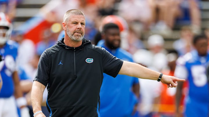Oct 4, 2025; Gainesville, Florida, USA; Florida Gators head coach Billy Napier gestures before a game against the Texas Longhorns at Ben Hill Griffin Stadium. Mandatory Credit: Matt Pendleton-Imagn Images