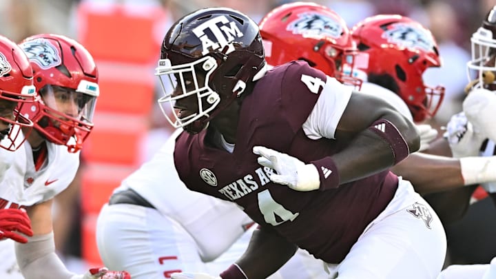 Sep 2, 2023; College Station, Texas, USA; Texas A&M Aggies defensive lineman Shemar Stewart (4) in action during the first half against the New Mexico Lobos at Kyle Field. Mandatory Credit: Maria Lysaker-Imagn Images