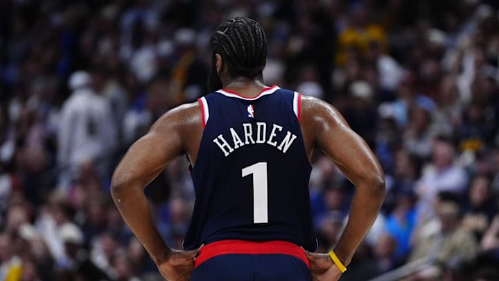 Apr 29, 2025; Denver, Colorado, USA; LA Clippers guard James Harden (1) during the fourth quarter against the Denver Nuggets during game five of the first round for the 2025 NBA Playoffs at Ball Arena. Mandatory Credit: Ron Chenoy-Imagn Images