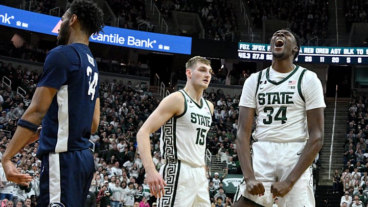 Michigan State Spartans forward Xavier Booker (34) celebrates a basket and foul against the Penn State Nittany Lions during the second half at Jack Breslin Student Events Center. Michigan State Spartans forward Xavier Booker (34) celebrates a basket and foul against the Penn State Nittany Lions during the second half at Jack Breslin Student Events Center.