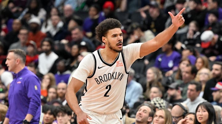 Dec 19, 2024; Toronto, Ontario, CAN; Brooklyn Nets forward Cam Johnson (2) reacts after making a three point basket against the Toronto Raptors in the second half at Scotiabank Arena. Mandatory Credit: Dan Hamilton-Imagn Images Dec 19, 2024; Toronto, Ontario, CAN; Brooklyn Nets forward Cam Johnson (2) reacts after making a three point basket against the Toronto Raptors in the second half at Scotiabank Arena. Mandatory Credit: Dan Hamilton-Imagn Images