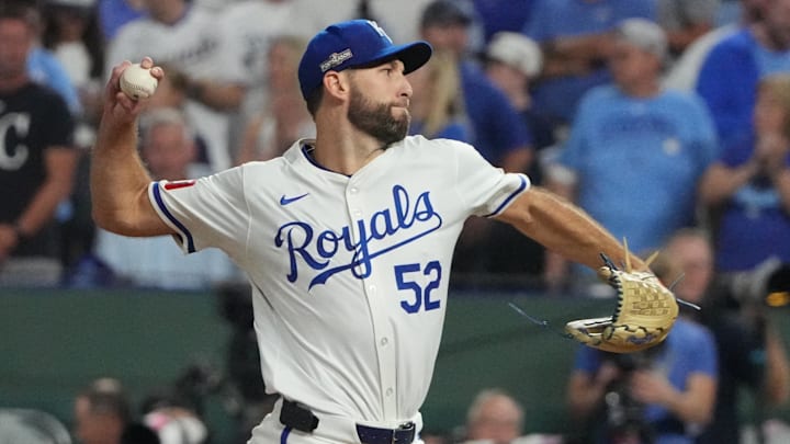 Oct 10, 2024; Kansas City, Missouri, USA; Kansas City Royals pitcher Michael Wacha (52) throws during the first inning against the New York Yankees during game four of the ALDS for the 2024 MLB Playoffs at Kauffman Stadium. Mandatory Credit: Denny Medley-Imagn Images Oct 10, 2024; Kansas City, Missouri, USA; Kansas City Royals pitcher Michael Wacha (52) throws during the first inning against the New York Yankees during game four of the ALDS for the 2024 MLB Playoffs at Kauffman Stadium. Mandatory Credit: Denny Medley-Imagn Images