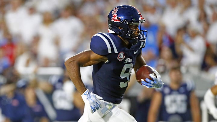 Aug 31, 2024; Oxford, Mississippi, USA; Mississippi Rebels wide receiver Tre Harris (9) runs after a catch during the first half against the Furman Paladins at Vaught-Hemingway Stadium. Mandatory Credit: Petre Thomas-Imagn Images Aug 31, 2024; Oxford, Mississippi, USA; Mississippi Rebels wide receiver Tre Harris (9) runs after a catch during the first half against the Furman Paladins at Vaught-Hemingway Stadium. Mandatory Credit: Petre Thomas-Imagn Images