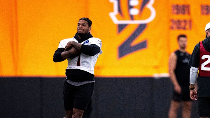 Cincinnati Bengals wide receiver Ja'Marr Chase (1) runs with the ball at Bengals spring practice at the IEL Indoor Facility in Cincinnati on Tuesday, June 11, 2024.