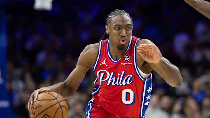 Jan 10, 2025; Philadelphia, Pennsylvania, USA; Philadelphia 76ers guard Tyrese Maxey (0) controls the ball against the New Orleans Pelicans during the second quarter at Wells Fargo Center. Mandatory Credit: Bill Streicher-Imagn Images
