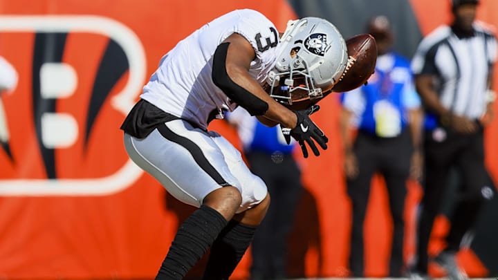Nov 3, 2024; Cincinnati, Ohio, USA; Las Vegas Raiders running back Zamir White (3) reacts after scoring a touchdown against the Cincinnati Bengals in the first half at Paycor Stadium. Mandatory Credit: Katie Stratman-Imagn Images