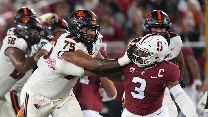 Oct 8, 2022; Stanford, California, USA; Oregon State Beavers offensive lineman Taliese Fuaga (75) Oct 8, 2022; Stanford, California, USA; Oregon State Beavers offensive lineman Taliese Fuaga (75)