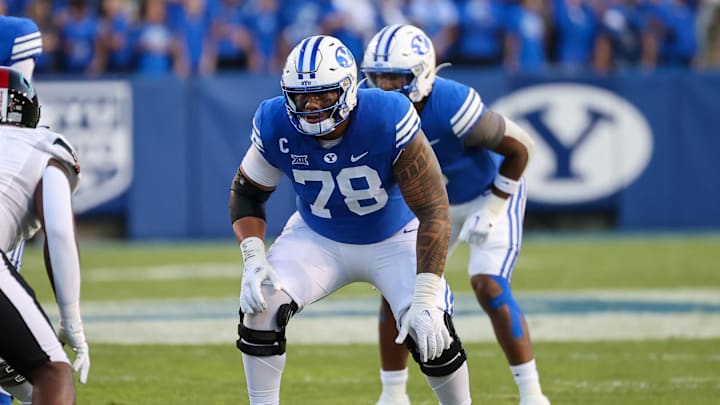 Oct 21, 2023; Provo, Utah, USA; Brigham Young Cougars offensive lineman Kingsley Suamataia (78)
