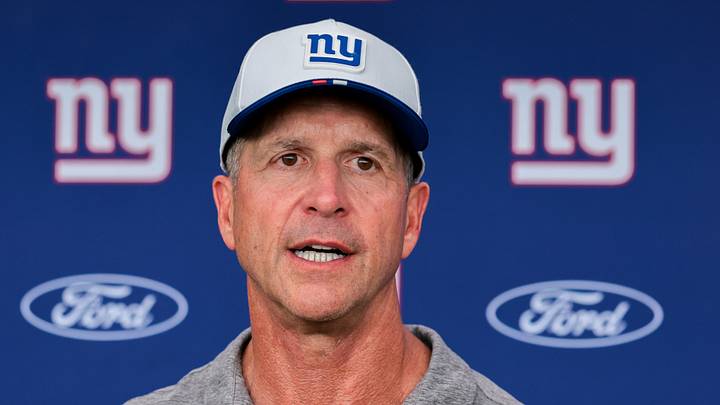 Aug 20, 2026; Miami Gardens, FL, USA; New York Giants head coach John Harbaugh speaks to reporters after joint practice with the Miami Dolphins at Baptist Health Training Complex. Aug 20, 2026; Miami Gardens, FL, USA; New York Giants head coach John Harbaugh speaks to reporters after joint practice with the Miami Dolphins at Baptist Health Training Complex.