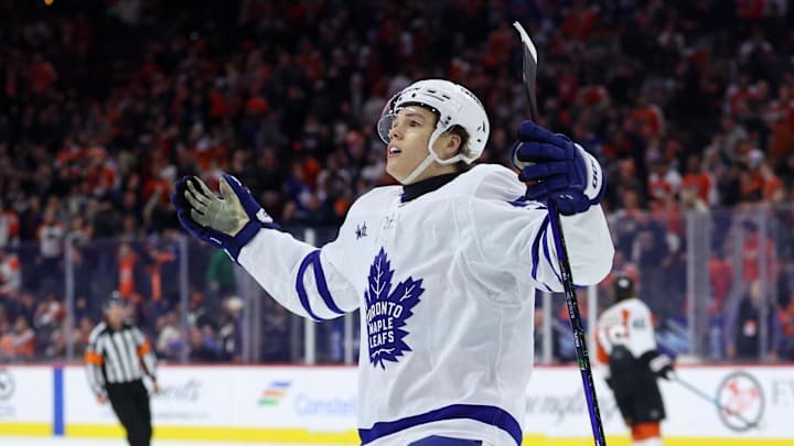 Jan 8, 2026; Philadelphia, Pennsylvania, USA; Toronto Maple Leafs right wing Easton Cowan (53) reacts after scoring the game winning goal against the Philadelphia Flyers during overtime at Xfinity Mobile Arena. Mandatory Credit: Bill Streicher-Imagn Images