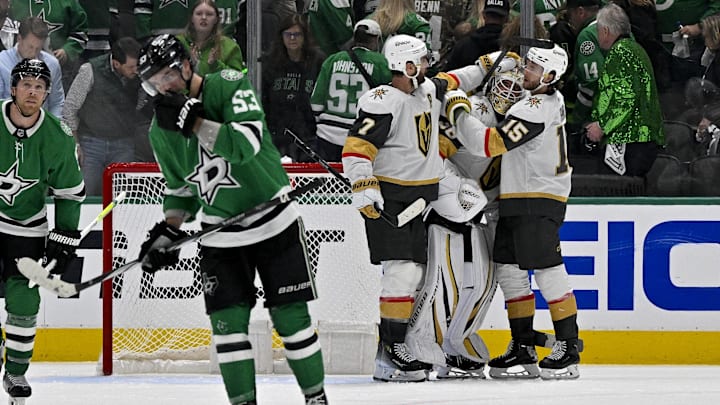 Apr 22, 2024; Dallas, Texas, USA; Vegas Golden Knights defenseman Alex Pietrangelo (7) and