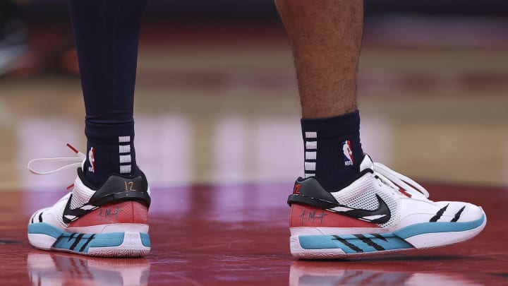 Mar 1, 2023; Houston, Texas, USA; View of the shoes of Memphis Grizzlies guard Ja Morant (12) during the game against the Houston Rockets at Toyota Center. Mandatory Credit: Troy Taormina-USA TODAY Sports Mar 1, 2023; Houston, Texas, USA; View of the shoes of Memphis Grizzlies guard Ja Morant (12) during the game against the Houston Rockets at Toyota Center. Mandatory Credit: Troy Taormina-USA TODAY Sports