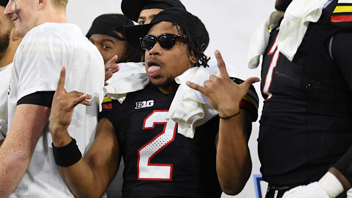 Dec 30, 2023; Nashville, TN, USA; Maryland Terrapins defensive back Beau Brade (2) celebrates after a win against the Auburn Tigers at Nissan Stadium. Mandatory Credit: Christopher Hanewinckel-Imagn Images Dec 30, 2023; Nashville, TN, USA; Maryland Terrapins defensive back Beau Brade (2) celebrates after a win against the Auburn Tigers at Nissan Stadium. Mandatory Credit: Christopher Hanewinckel-Imagn Images