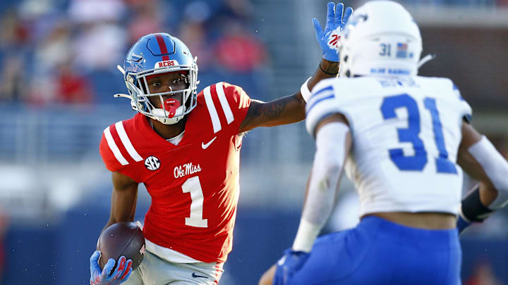 Sep 7, 2024; Oxford, Mississippi, USA; Mississippi Rebels wide receiver Ayden Williams (1) runs after a catch during the second half at Vaught-Hemingway Stadium. Mandatory Credit: Petre Thomas-Imagn Images