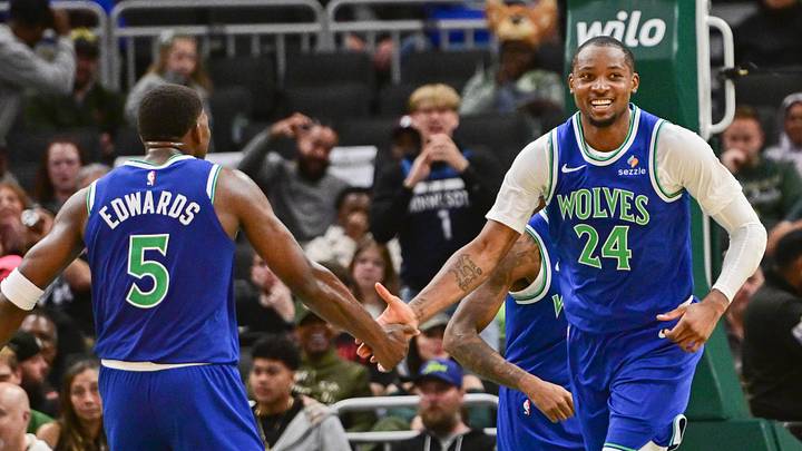 Jonathan Kuminga made his (preseason) Timberwolves debut Monday night in Milwaukee and looked like the offensive threat Minnesota needs him to be this season.  Mandatory Credit: Benny Sieu-Imagn Images