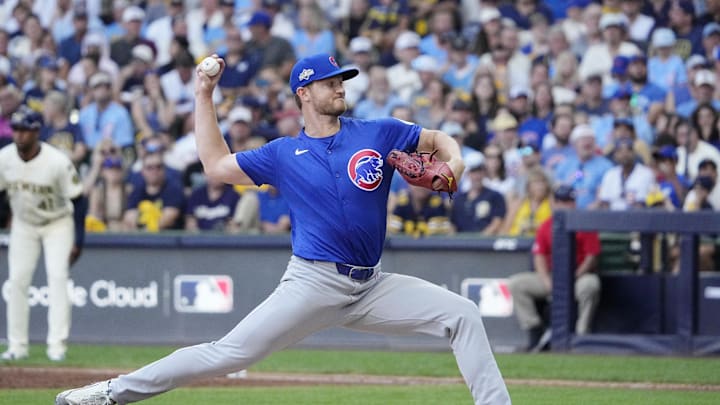 Oct 4, 2025; Milwaukee, Wisconsin, USA; Chicago Cubs pitcher Michael Soroka (99) pitches against the Milwaukee Brewers during the second inning of game one of the NLDS round for the 2025 MLB playoffs at American Family Field. Mandatory Credit: Michael McLoone-Imagn Images