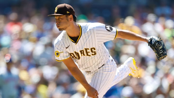 Jul 30, 2025; San Diego, California, USA; San Diego Padres starting pitcher Yu Darvish (11) throws a pitch during the sixth inning against the New York Mets at Petco Park. Mandatory Credit: David Frerker-Imagn Images