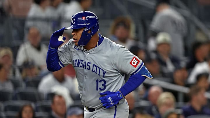 Oct 7, 2024; Bronx, New York, USA; Kansas City Royals catcher Salvador Perez (13) reacts after hitting a solo home run against the New York Yankees in the fourth inning during game two of the ALDS for the 2024 MLB Playoffs at Yankee Stadium. Mandatory Credit: Vincent Carchietta-Imagn Images Oct 7, 2024; Bronx, New York, USA; Kansas City Royals catcher Salvador Perez (13) reacts after hitting a solo home run against the New York Yankees in the fourth inning during game two of the ALDS for the 2024 MLB Playoffs at Yankee Stadium. Mandatory Credit: Vincent Carchietta-Imagn Images