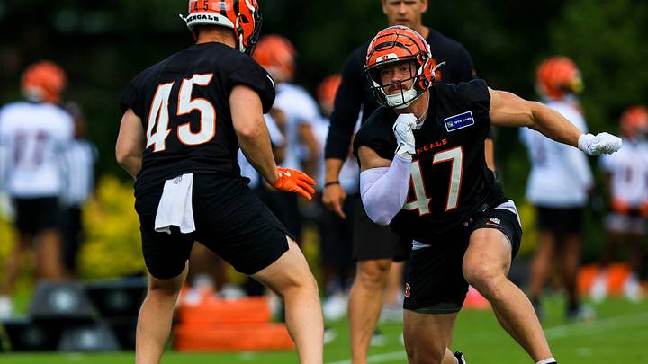 Jun 16, 2026; Cincinnati, OH, USA; Cincinnati Bengals linebacker Swayze Bozeman (47) runs a play against linebacker Liam Anderson (45) during minicamp at Kettering Health Practice Fields. Mandatory Credit: Katie Stratman-Imagn Images Jun 16, 2026; Cincinnati, OH, USA; Cincinnati Bengals linebacker Swayze Bozeman (47) runs a play against linebacker Liam Anderson (45) during minicamp at Kettering Health Practice Fields. Mandatory Credit: Katie Stratman-Imagn Images