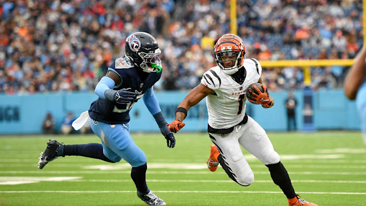 Cincinnati Bengals wide receiver Ja'Marr Chase breaks the tackle of Tennessee Titans cornerback Darrell Baker Jr. Mandatory Credit: Steve Roberts-Imagn Images Cincinnati Bengals wide receiver Ja'Marr Chase breaks the tackle of Tennessee Titans cornerback Darrell Baker Jr. Mandatory Credit: Steve Roberts-Imagn Images