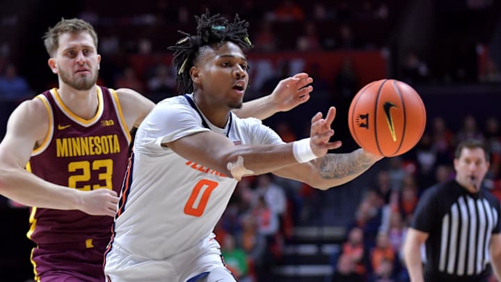 Feb 28, 2024; Champaign, Illinois, USA; Illinois Fighting Illini forward Ty Rodgers (20) passes the ball during the first half against the Minnesota Golden gophers at State Farm Center. Mandatory Credit: Ron Johnson-Imagn Images Feb 28, 2024; Champaign, Illinois, USA; Illinois Fighting Illini forward Ty Rodgers (20) passes the ball during the first half against the Minnesota Golden gophers at State Farm Center. Mandatory Credit: Ron Johnson-Imagn Images