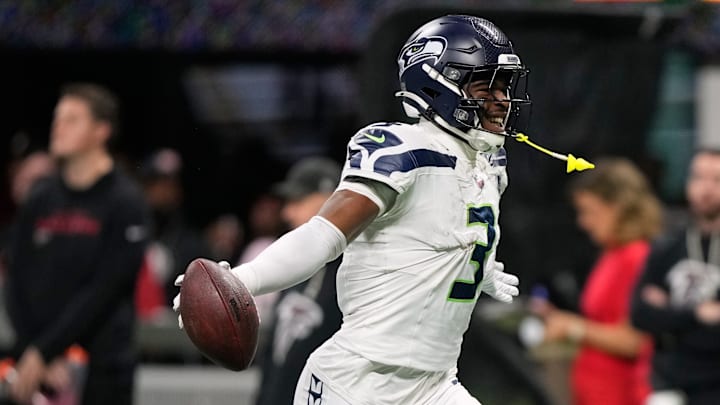 Seattle Seahawks safety Nick Emmanwori celebrates an interception against the Atlanta Falcons during the second half of an NFL football game, Sunday, Dec. 7, 2025, in Atlanta.