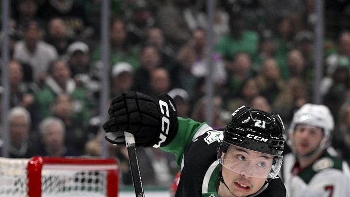 Apr 28, 2026; Dallas, Texas, USA; Dallas Stars left wing Jason Robertson (21) skates against the Minnesota Wild in game five of the first round of the 2026 Stanley Cup Playoffs at American Airlines Center. Mandatory Credit: Jerome Miron-Imagn Images