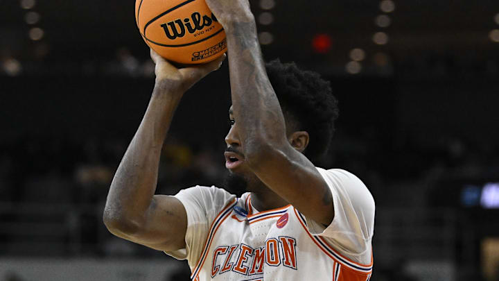 Mar 20, 2025; Providence, RI, USA; Clemson Tigers forward Chauncey Wiggins (7) shoots the ball against the McNeese State Cowboys during the first half at Amica Mutual Pavilion. Mandatory Credit: Eric Canha-Imagn Images